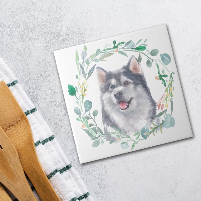 Alaskan Malamute Dog Watercolor Wreath Ceramic Tile (Creator Uploaded)