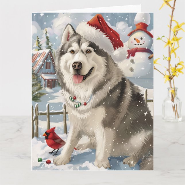 Alaskan Malamute Dog Winter Wonderland Christmas  Card (Yellow Flower)