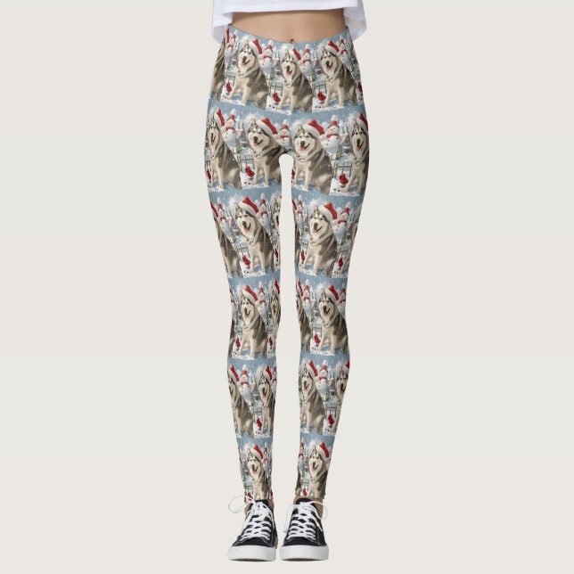 Alaskan Malamute Dog Winter Wonderland Christmas  Leggings (Front)