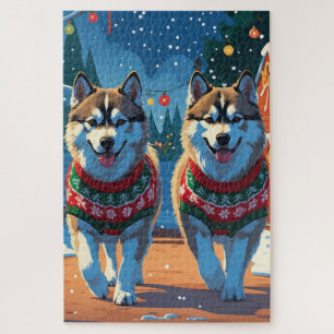 Alaskan Malamute Dogs Christmas Snow Holiday  Jigsaw Puzzle