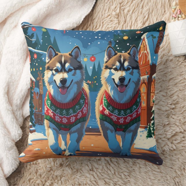 Alaskan Malamute Dogs Christmas Snow Holiday  Throw Pillow (Blanket)