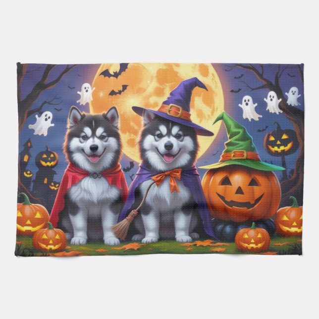 Alaskan Malamute Dogs Pumpkin Halloween Funny  Kitchen Towel (Horizontal)