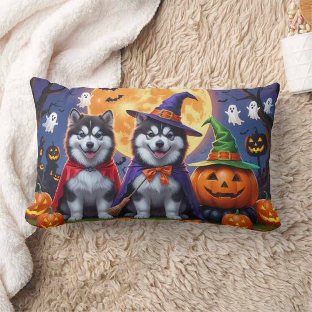 Alaskan Malamute Dogs Pumpkin Halloween Funny  Lumbar Pillow (Blanket)