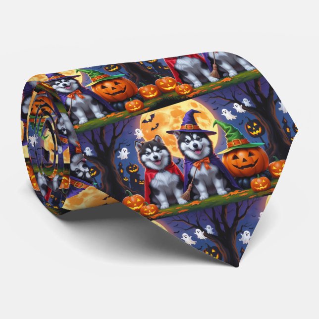 Alaskan Malamute Dogs Pumpkin Halloween Funny  Neck Tie (Rolled)
