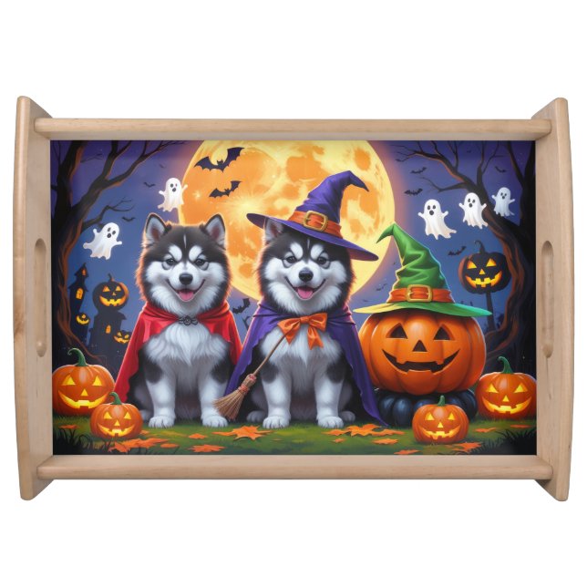 Alaskan Malamute Dogs Pumpkin Halloween Funny  Serving Tray (Front)