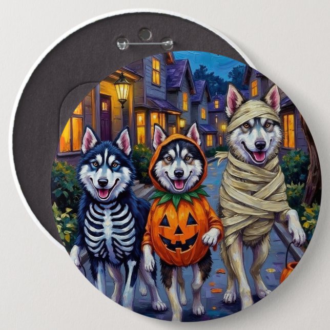 Alaskan Malamute Dogs Trick-or-Treating Halloween  Button (Front & Back)