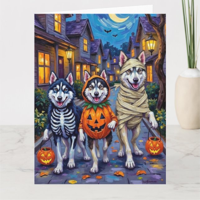 Alaskan Malamute Dogs Trick-or-Treating Halloween  Card (Front)