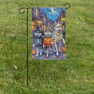 Alaskan Malamute Dogs Trick-or-Treating Halloween Garden Flag