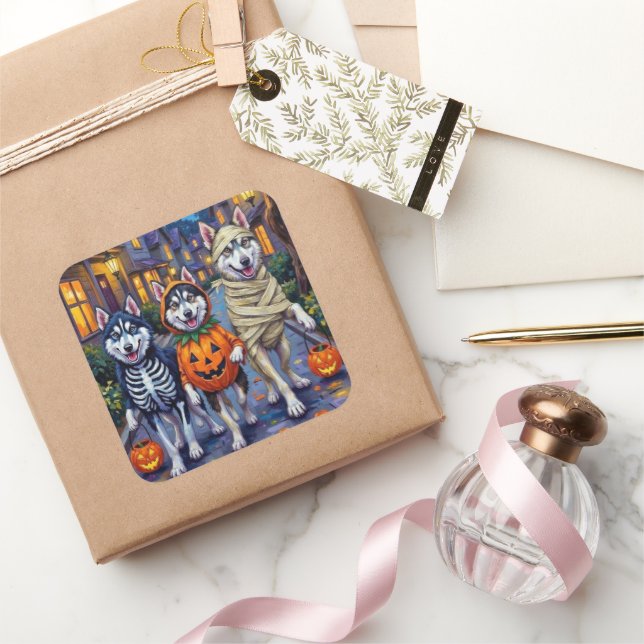 Alaskan Malamute Dogs Trick-or-Treating Halloween  Square Sticker (Gifting)