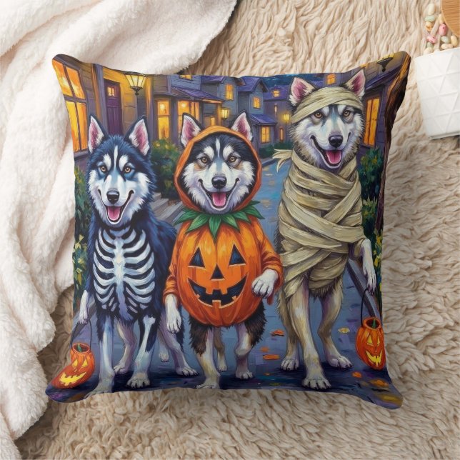 Alaskan Malamute Dogs Trick-or-Treating Halloween  Throw Pillow (Blanket)