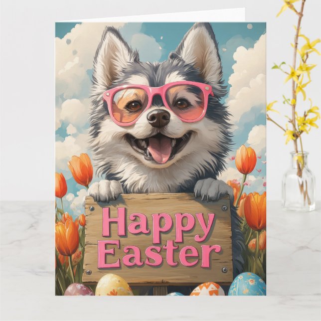 Alaskan Malamute Easter Eggs  Card (Yellow Flower)