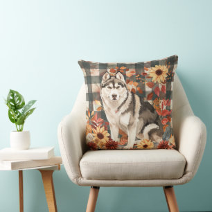 Alaskan Malamute Fall Watercolor Flowers Throw Pillow