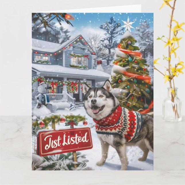 Alaskan Malamute Festive Humor Realtor Christmas Card (Yellow Flower)