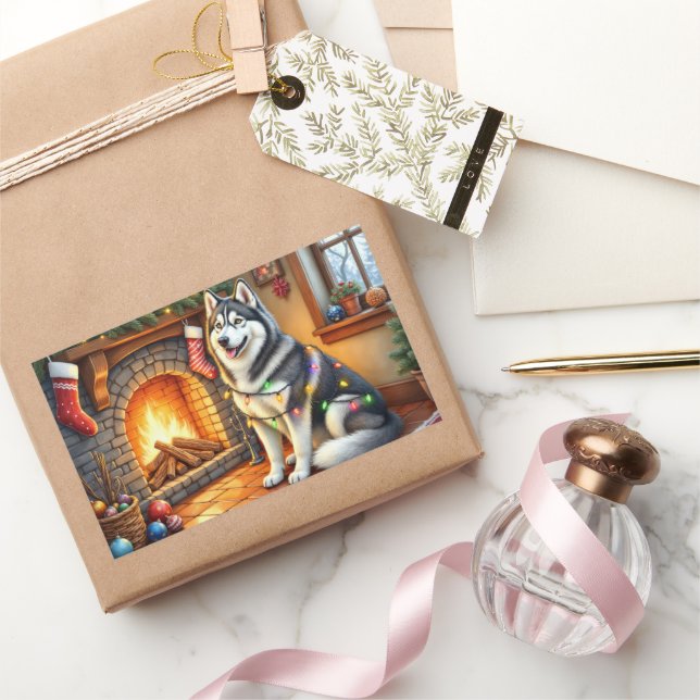 Alaskan Malamute Fireplace with Christmas Lights Rectangular Sticker (Gifting)