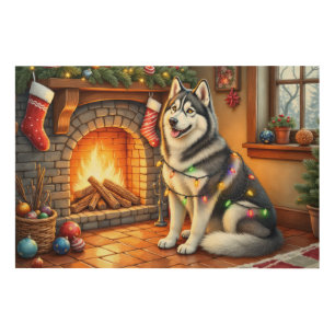 Alaskan Malamute Fireplace with Christmas Lights Wood Wall Art