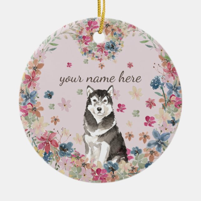 Alaskan Malamute Flower circle frame Dog Ceramic Ornament (Front)