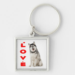 Alaskan Malamute Gray And Black Puppy Dog Red Love Keychain