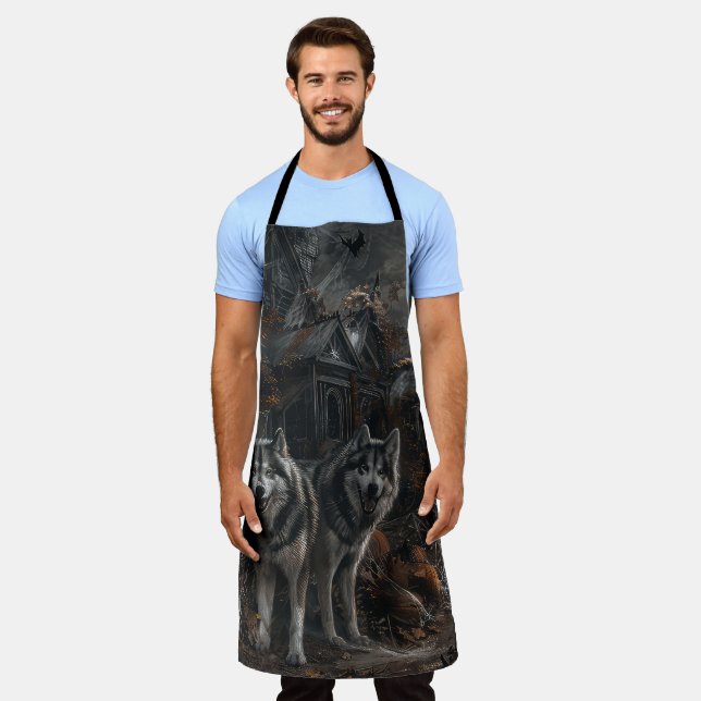 Alaskan Malamute Halloween Night Doggy Delight  Apron (Worn)