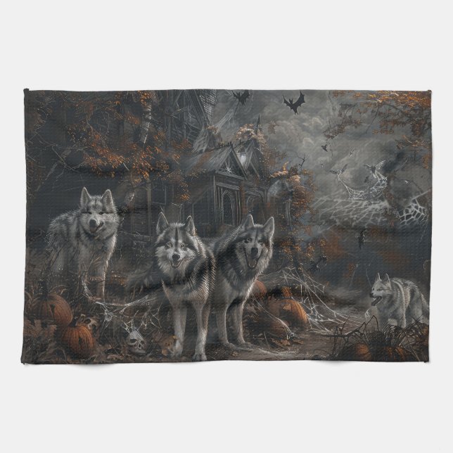 Alaskan Malamute Halloween Night Doggy Delight  Kitchen Towel (Horizontal)