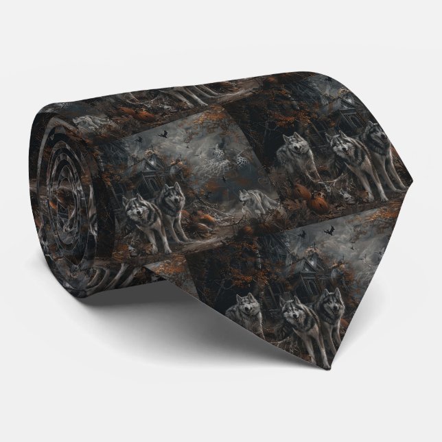 Alaskan Malamute Halloween Night Doggy Delight  Neck Tie (Rolled)