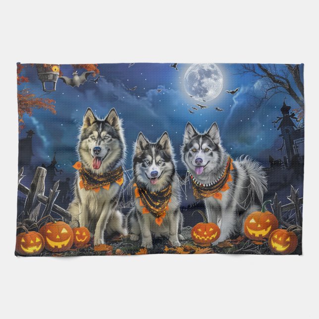 Alaskan Malamute Halloween Spooky  Kitchen Towel (Horizontal)