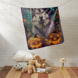 Alaskan Malamute Halloween Witch and Pumpkin Baby Blanket