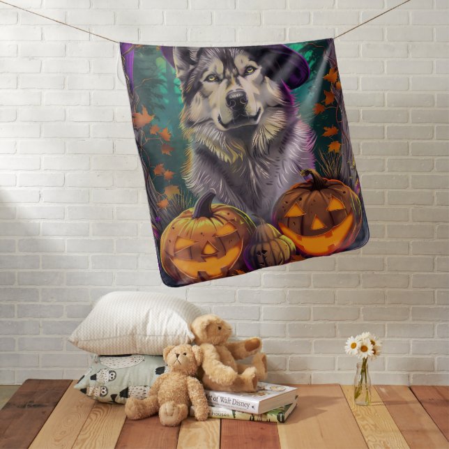  Alaskan Malamute Halloween Witch and Pumpkin  Baby Blanket (In Situ)