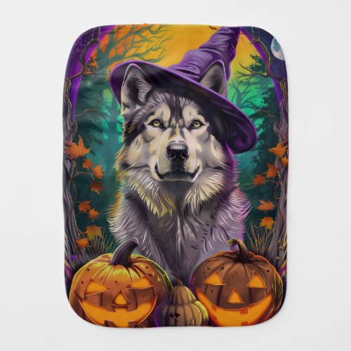 Alaskan Malamute Halloween Witch and Pumpkin  Baby Burp Cloth