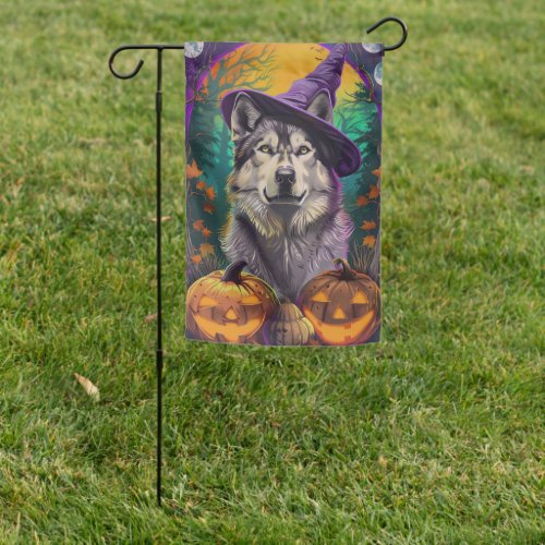  Alaskan Malamute Halloween Witch and Pumpkin  Garden Flag