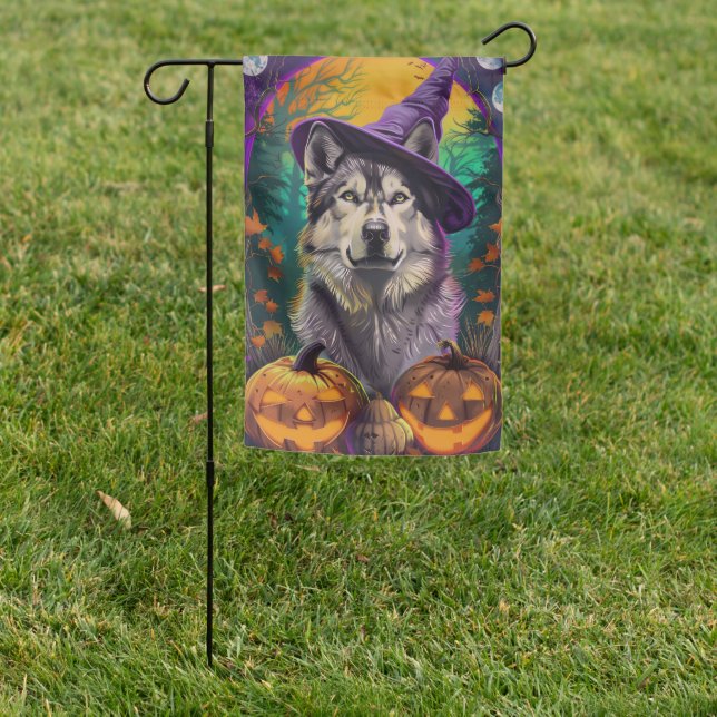  Alaskan Malamute Halloween Witch and Pumpkin  Garden Flag (In SItu)