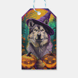 Alaskan Malamute Halloween Witch and Pumpkin Gift Tags