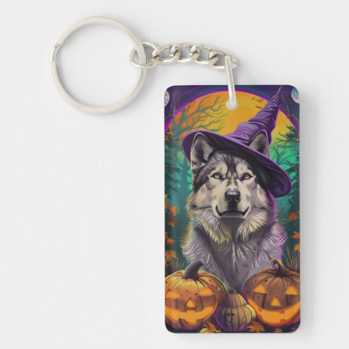 Alaskan Malamute Halloween Witch and Pumpkin  Keychain