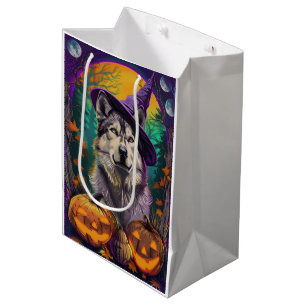 Alaskan Malamute Halloween Witch and Pumpkin Medium Gift Bag