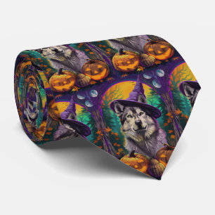 Alaskan Malamute Halloween Witch and Pumpkin Neck Tie