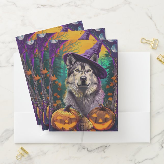  Alaskan Malamute Halloween Witch and Pumpkin  Pocket Folder (In Situ)