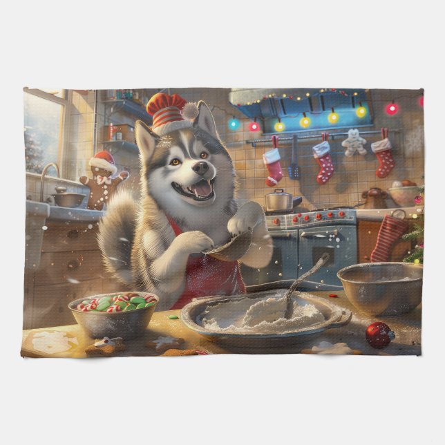 Alaskan Malamute Holiday Baking: Festive Christmas Kitchen Towel (Horizontal)