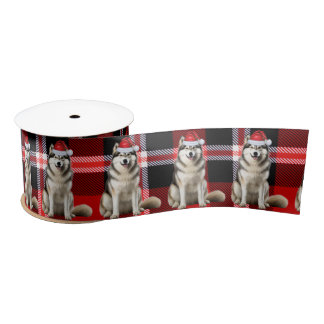 Alaskan Malamute Holiday Plaid Funny Dog Christmas Satin Ribbon