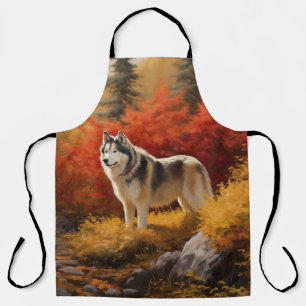 Alaskan Malamute in Autumn Leaves Fall Inspired Apron