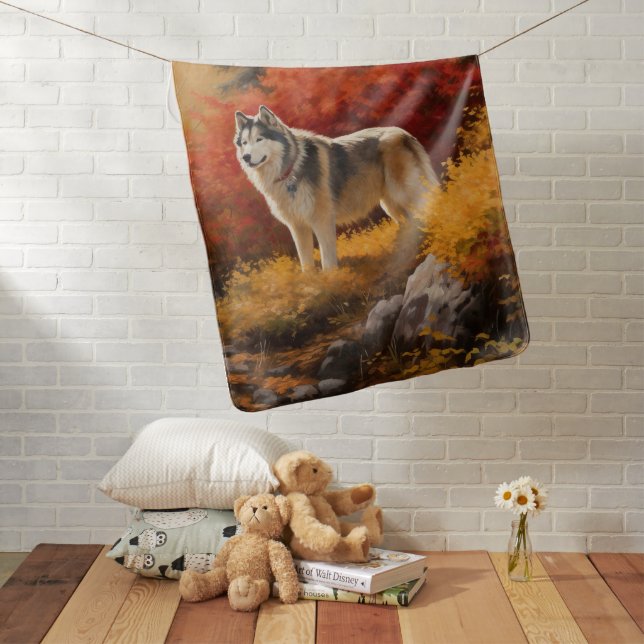 Alaskan Malamute  in Autumn Leaves Fall Inspired  Baby Blanket (In Situ)