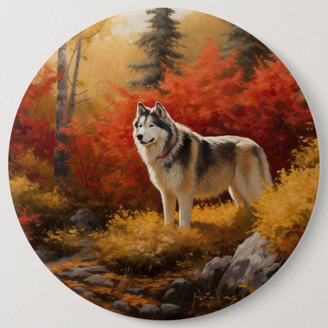 Alaskan Malamute  in Autumn Leaves Fall Inspired  Button (Front)