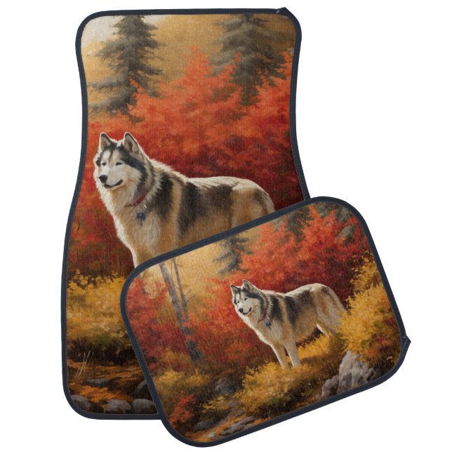Alaskan Malamute  in Autumn Leaves Fall Inspired  Car Floor Mat (Set)