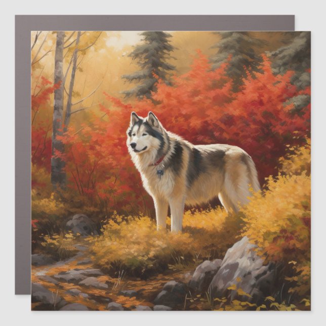 Alaskan Malamute  in Autumn Leaves Fall Inspired  Car Magnet (Front)