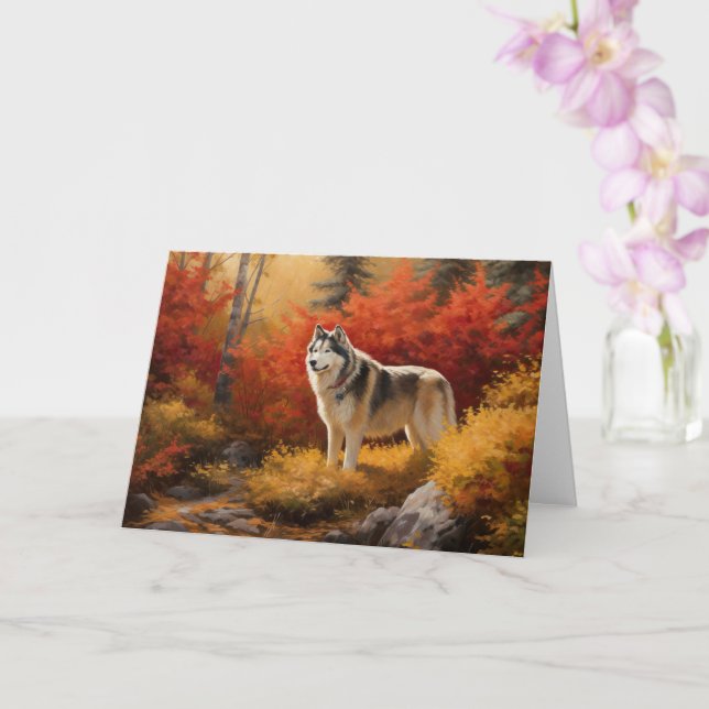 Alaskan Malamute  in Autumn Leaves Fall Inspired  Card (Orchid)