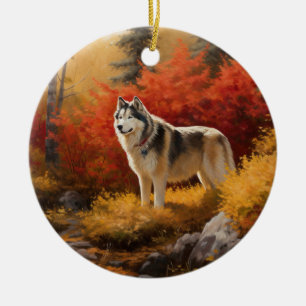 Alaskan Malamute  in Autumn Leaves Fall Inspired  Ceramic Ornament