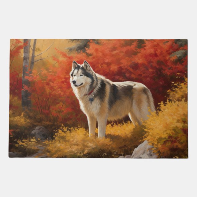 Alaskan Malamute  in Autumn Leaves Fall Inspired  Doormat (Front)