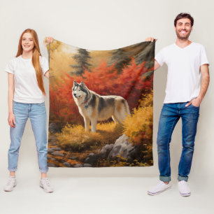 Alaskan Malamute  in Autumn Leaves Fall Inspired  Fleece Blanket