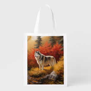 Alaskan Malamute  in Autumn Leaves Fall Inspired  Grocery Bag