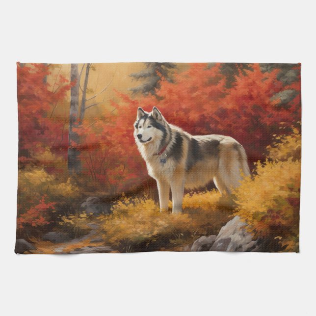 Alaskan Malamute  in Autumn Leaves Fall Inspired  Kitchen Towel (Horizontal)