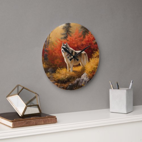 Alaskan Malamute  in Autumn Leaves Fall Inspired  Large Clock