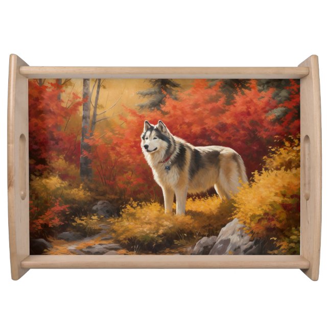 Alaskan Malamute  in Autumn Leaves Fall Inspired  Serving Tray (Front)